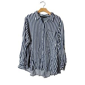 Jane + Delancey Plus 1X Blue White Stripe Button-Up Roll-Tab Sleeve Tunic Shirt